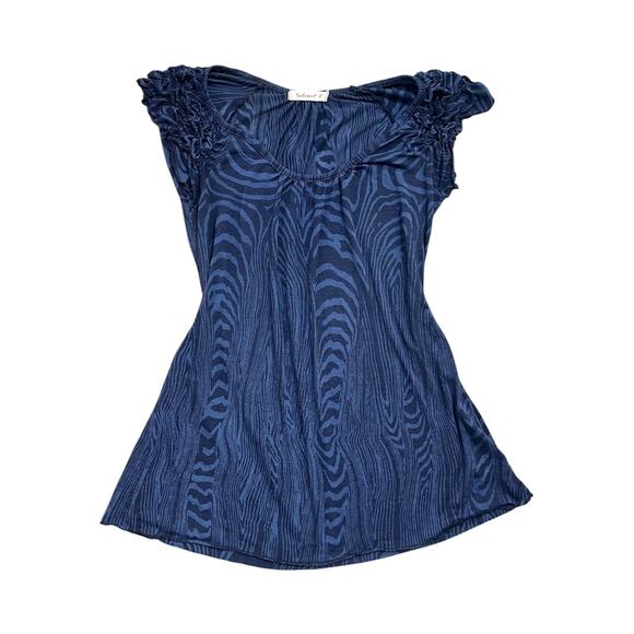 Testament Blue/Navy retro printed y2k short sleeve top with ruffled sleeves S - Picture 4 of 6
